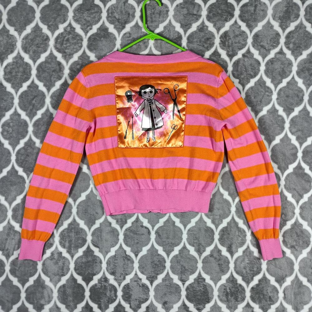 Coraline Cardigan Sweater Womens Small Pink Striped Button Gothic‎ Halloween